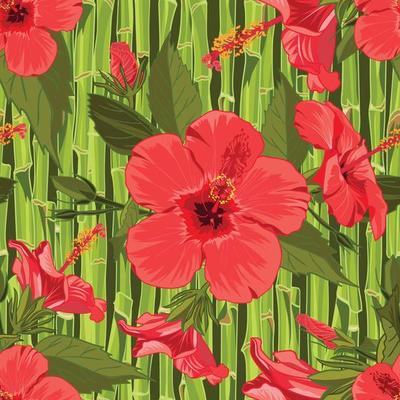 Seamless hand drawn tropical pattern with jungle exotic hibiscus flower on bamboo background