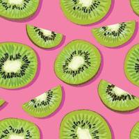 Trendy minimal summer seamless pattern with whole, sliced fresh fruit kiwi on color background vector