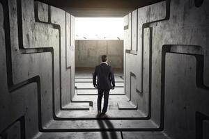 businessman walking in labyrinth cement wall to success way and finding solution photo