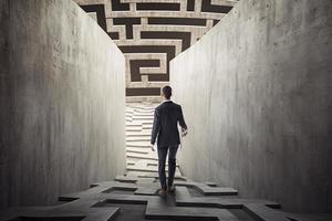 businessman walking in labyrinth cement wall to success way and finding solution photo
