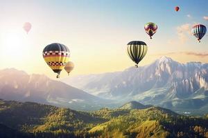 colorful hot air balloons fly in sky beautiful mountain landscape photo