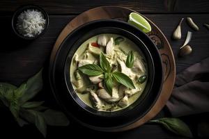 Thai food chicken green curry on dark wooden background. top view photo