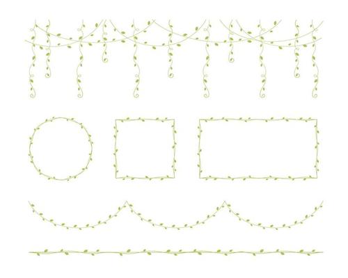Green vines frames and borders, hanging vine curtain design, botanical elements vector illustration set