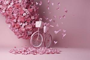 Flowers fly out from pink bicycle bascet on pink background. Romanitic concept for Valentine day photo