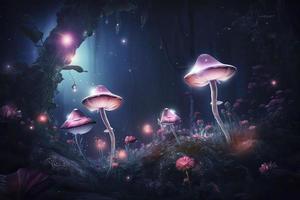 Magical fantasy mushrooms in enchanted fairy tale dreamy elf forest with fabulous fairytale blooming pink rose flower and butterfly on mysterious background, shiny glowing stars and moon rays in night