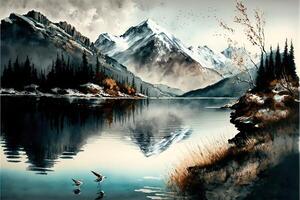 Beautiful watercolor paintings of lake, mountains, trees and birds. photo