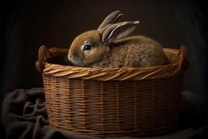 Cute brown rabbit in the basket. photo