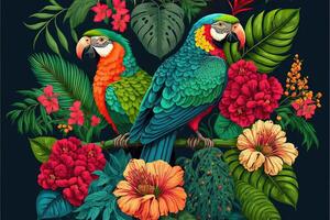 Tropical flowers and leaves of various species with parrots perched on branch. Birds and bright colors floral on dark green background. photo