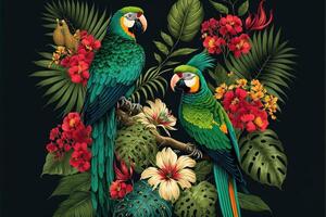 Tropical flowers and leaves of various species with parrots perched on branch. Birds and bright colors floral on dark green background. photo