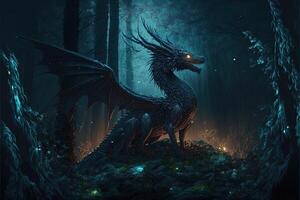 Black dragon in the night forest. Fantasy theme glow in the dark background. photo