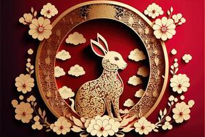 ai generado año de el Conejo zodíaco firmar con flores y nube, asiático estilo. oro y rojo color elementos concepto. foto