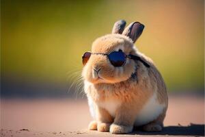 Cute tiny rabbit. Little bunny wearing sunglasses on the sandy beach. photo