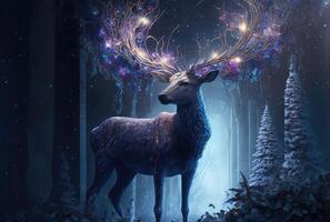 Magical reindeer at night in the forest. Majestic deer for Christmas or New Year. photo