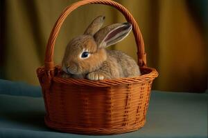 linda marrón Conejo en el cesta. ai generado foto