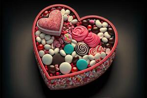 ai generado caramelo para San Valentín día. dulces concepto en corazón conformado caja en negro antecedentes. foto