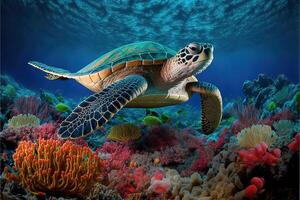 AI Generated Sea turtle swimming over coral reefs. Animals under the sea background. photo