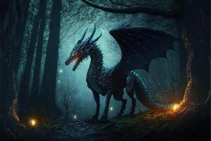 Black dragon in the night forest. Fantasy theme glow in the dark background. photo