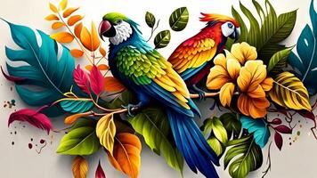 Tropical birds , colorful parrots and exotic flowers with Generative AI photo