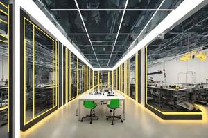 futuristic interior design laboratory lab server room with neon light, generative art by A.I photo