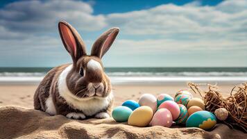 Happy Easter with Easter bunny and colourful easter eggs. photo