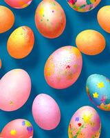 , Easter eggs in different pattern and colors, white, pink, yellow, blue, overhead view, colorfully eggs, multicolored, holiday background photo