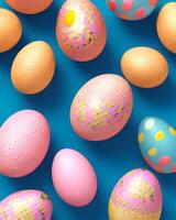 , Easter eggs in different pattern and colors, white, pink, yellow, blue, overhead view, colorfully eggs, multicolored, holiday background photo