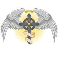 Vector design of winged cross with ribbon, heavenly cross with wings, Christian symbology of paradise