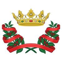 Vector design of royal crown with laurel wreath surrounded by ribbon, two olive branches adorned with ribbon with gold crown