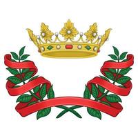 Vector design of royal crown with laurel wreath surrounded by ribbon, two olive branches adorned with ribbon with gold crown