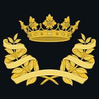 Vector design of royal crown with laurel wreath surrounded by ribbon, two olive branches adorned with ribbon with gold crown