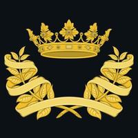 Vector design of royal crown with laurel wreath surrounded by ribbon, two olive branches adorned with ribbon with gold crown