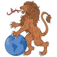 Vector design of rampant lion with the planet between its paws, heraldic lion with earth sphere, heraldic symbol of the European Middle Ages