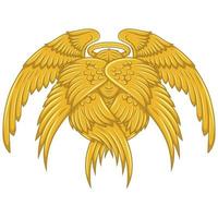 Vector design of seraph with six wings, angelic face of catholic religion, archangel with halo and feathers