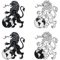 Vector design of rampant lion with the planet between its paws, heraldic lion with earth sphere, heraldic symbol of the European Middle Ages