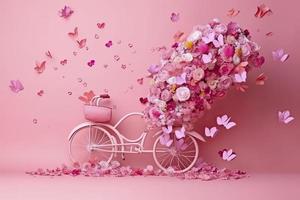 Flowers fly out from pink bicycle bascet on pink background. Romanitic concept for Valentine day photo