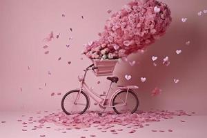Flowers fly out from pink bicycle bascet on pink background. Romanitic concept for Valentine day photo