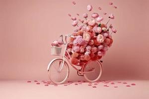 Flowers fly out from pink bicycle bascet on pink background. Romanitic concept for Valentine day photo