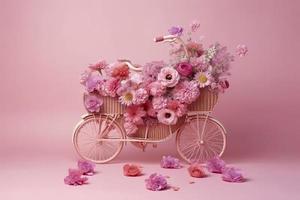 Flowers fly out from pink bicycle bascet on pink background. Romanitic concept for Valentine day photo