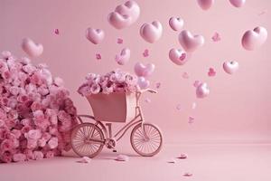 Flowers fly out from pink bicycle bascet on pink background. Romanitic concept for Valentine day photo