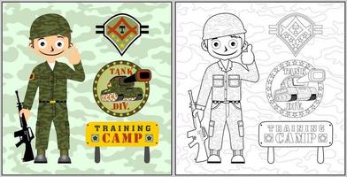 Vector cartoon of young soldier with armored vehicle on camouflage background, coloring book or page