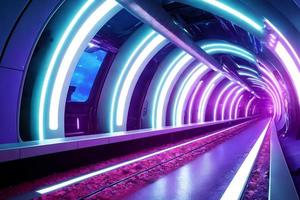 futurista túnel Hola velocidad tren ferrocarril con neón luz, generativo Arte por ai foto
