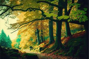Green forest in the fall. Autumn scene in the morning forest. photo