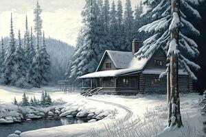 Cozy cabin in the big woods, winter snowy scene. photo