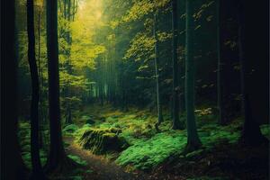 ai generado verde bosque en el caer. otoño escena en el Mañana bosque. foto