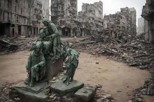 abandon broken statue during world war, generative art by A.I photo
