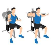 Man doing Seated Lateral raise machine. Power partials exercise. vector