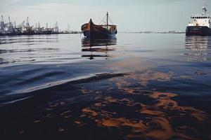 Oil leak from Ship , Oil spill pollution polluted water surface water pollution as a result of human activities photo