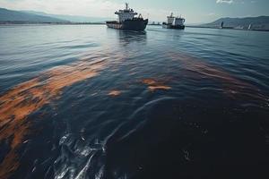 Oil leak from Ship , Oil spill pollution polluted water surface water pollution as a result of human activities photo