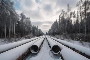 Huge industrial pipelines of central heating system. Snow on pipes photo