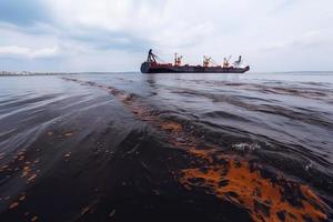Oil leak from Ship , Oil spill pollution polluted water surface water pollution as a result of human activities photo
